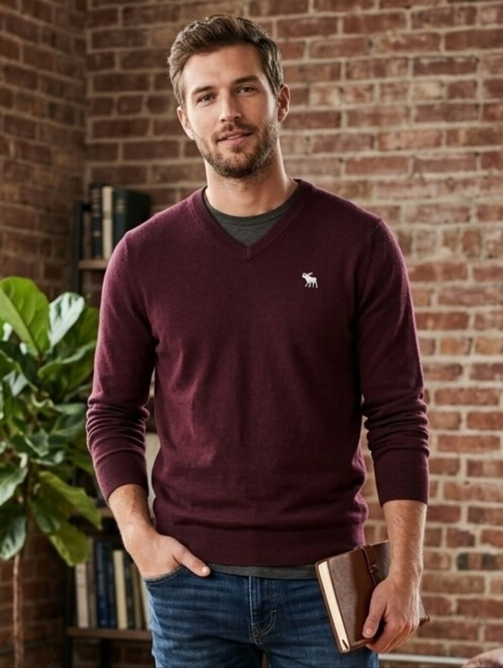 Abercrombie & Fitch Men's V-Neck Sweater in Deep Burgundy